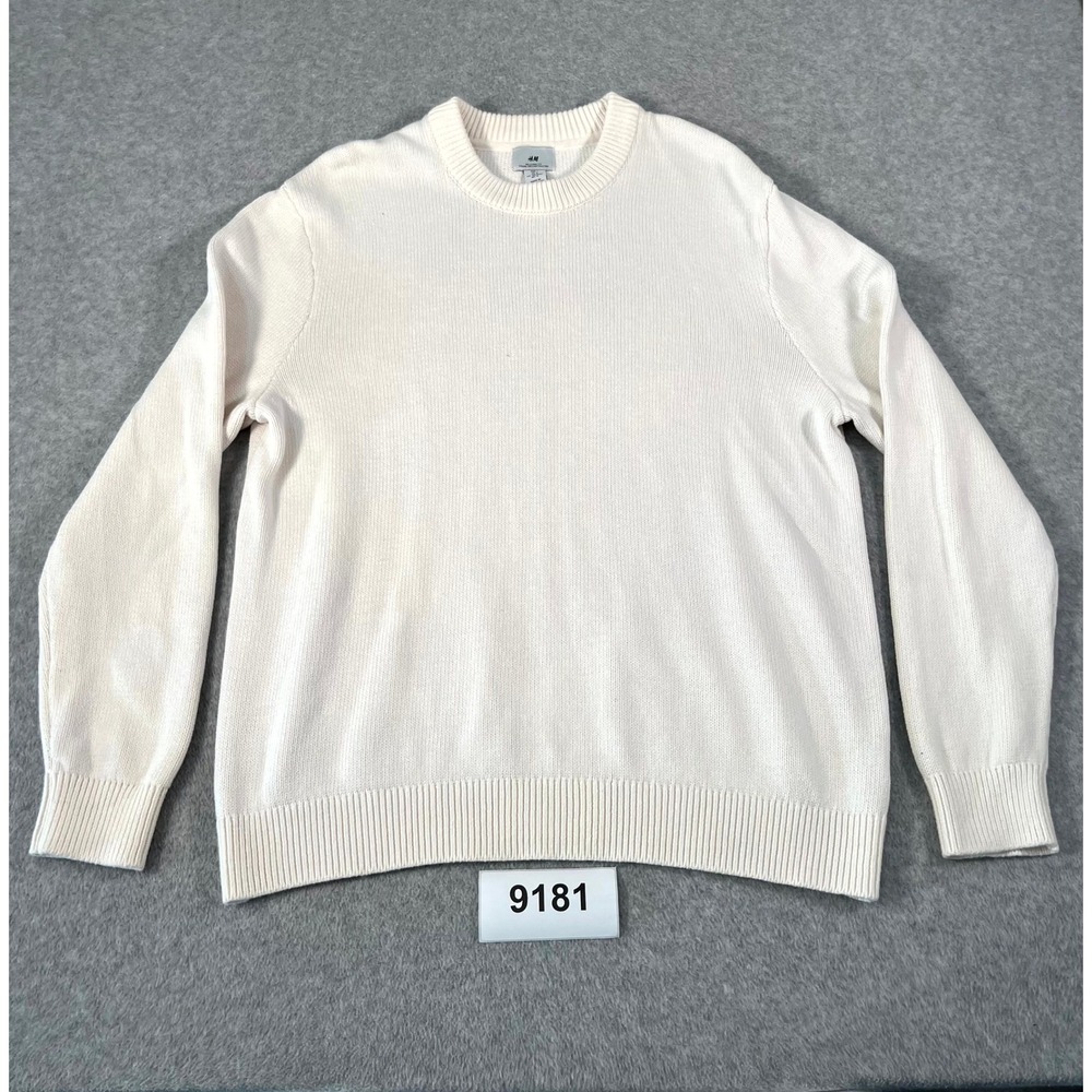 H&M Sweater Mens Large Cream Tight Knit Cotton Relaxed Fit Crew Neck Winter